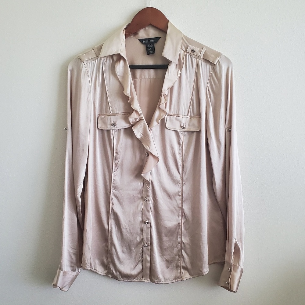 WHBM Silk Stretch Tan Ruffled Button Up Blouse
